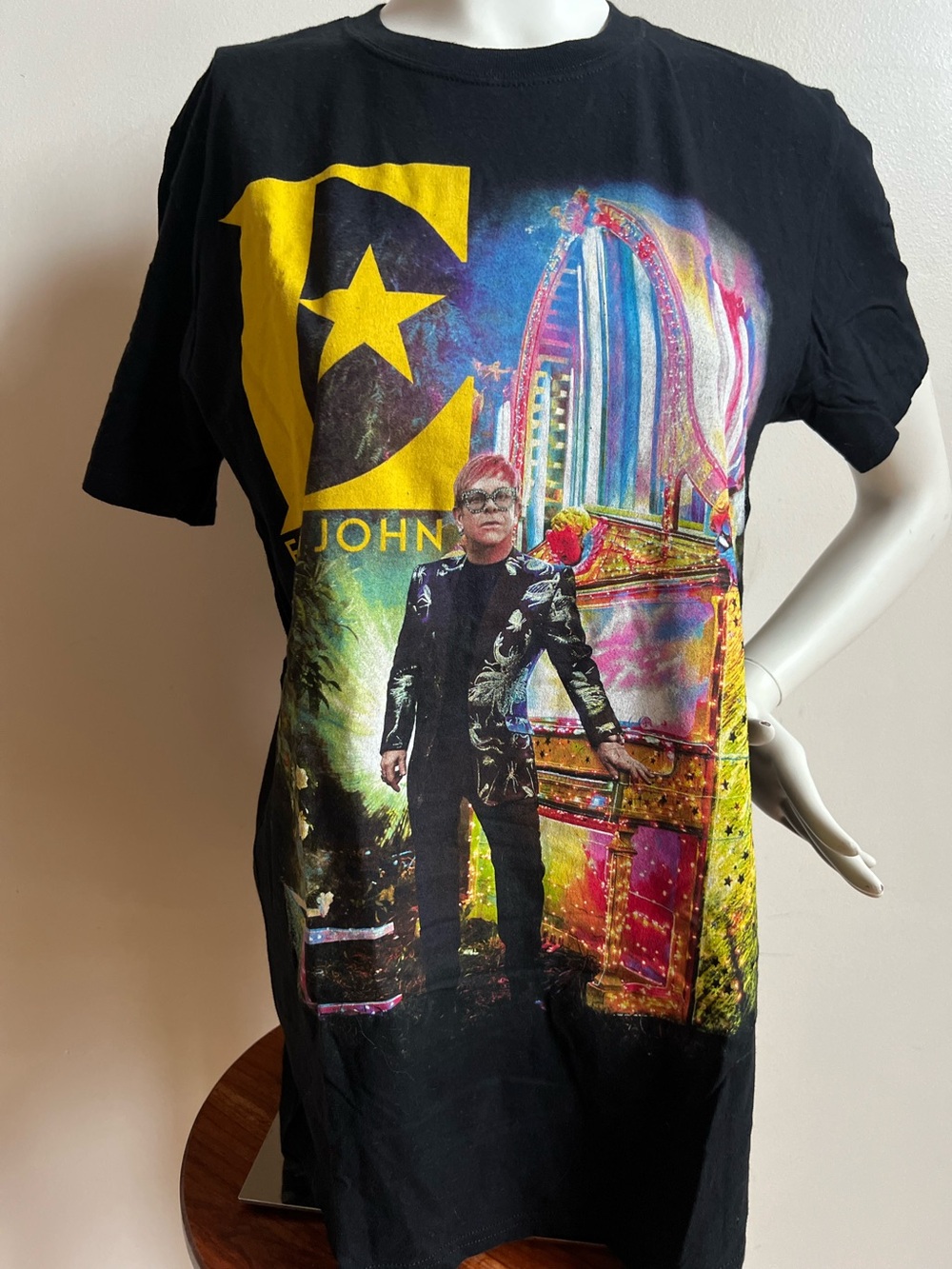 Elton John concert tee Black Graphic Tee with Yellow Star Accent